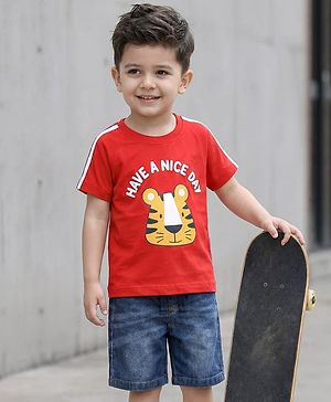 Babyhug Single Jersey Knit Half Sleeves T-Shirt & Denim Shorts Set with Tiger Print & Tape Detailing - Red
