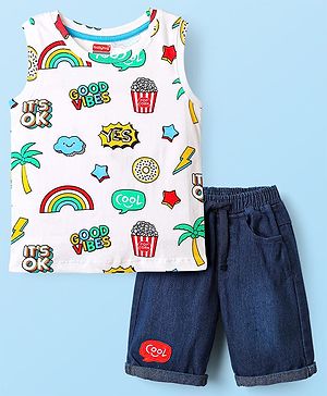 Babyhug Single Jersey Knit Sleeves T-Shirt & Shorts Set with Good Vibes Printed - Navy Blue & White