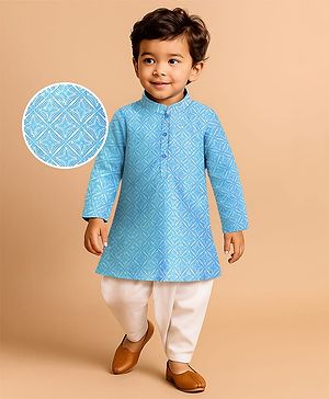 Babyhug Cotton Woven Full Sleeves Embroidered Dhoti Kurta Set - White & Light Blue