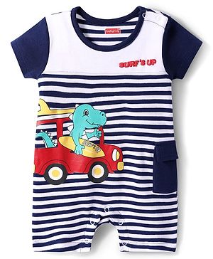 Babyhug 100% Cotton Knit Half Sleeves Romper With Dino Print - White & Blue