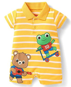 Babyhug 100% Cotton Knit Half Sleeves Striped Romper With Animal Print - Yellow