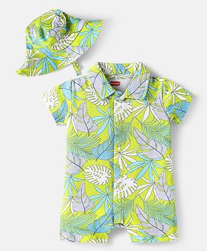 Babyhug 100% Cotton Knit Half Sleeves Romper With Leaf Print & Bucket Hat - Light Green