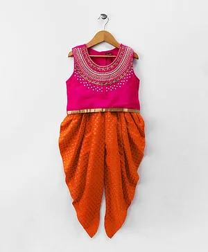 Twisha Print Dhoti With Embroidered Blouse - Pink & Orange