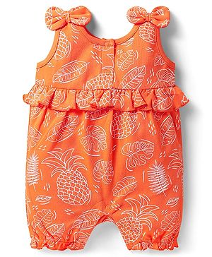 Babyhug 100% Cotton Knit Sleeveless Tropical Theme Printed Romper with Bow Applique - Orange