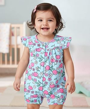 Babyhug 100% Cotton Knit Frill Sleeves Romper With Floral Print - Light Blue