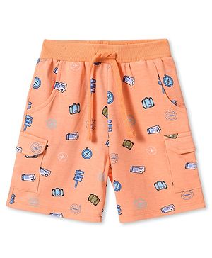 Babyhug Cotton Knit  Mid Thigh Shorts Travel Theme Print - Ligh Orange