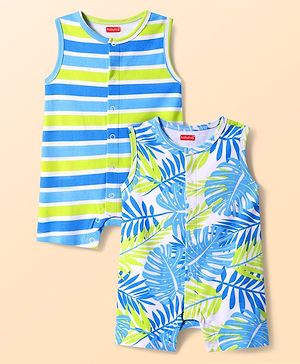 Babyhug 100% Cotton Knit Sleeveless Front Open Rompers with Leaves Print & Stripes Pack of 2 - Light Blue & Green