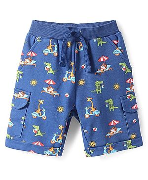 Babyhug Cotton Knit Mid Thigh Shorts with Animal Print - Navy Blue