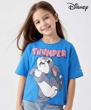Pine Kids Disney Terry Knit Half Drop Shoulder Sleeves Oversized T-Shirt with Thumper Puff Graphics - Blue