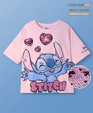 Pine Kids Disney Terry Knit Half Drop Shoulder Sleeves Oversized T-Shirt with Stitch Graphic & Reversible Sequins Detailing - Pink