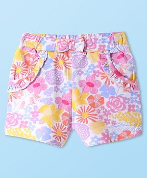 Babyhug Cotton Knit Mid Thigh Shorts with Bow Applique & Floral Print - Pink & Purple