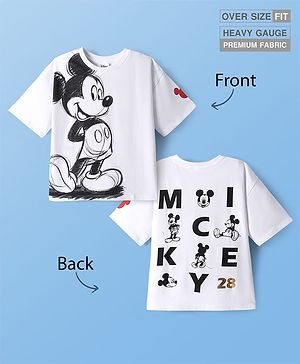 Pine Kids Disney Terry Knit Half Sleeves Oversized Drop Shoulder T-Shirt With Front And Back Mickey Mouse Graphics And Foil Print Detailing - White