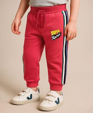 Babyhug Cotton Looper Knit Full Length Lounge Pant with Text Print - Red