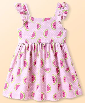 Babyhug Cotton Woven Frill Sleeves Frock With Watermelon Print - Light Pink