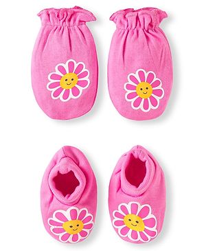 Babyhug 100% Cotton Knit Mittens & Booties With Floral Print - Pink