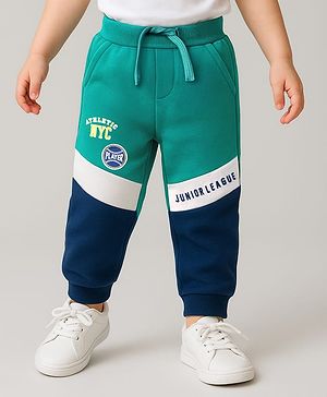 Babyhug Cotton Looper Knit Full Length Cut & Sew Lounge Pant with Text Print - Navy Blue & Mint