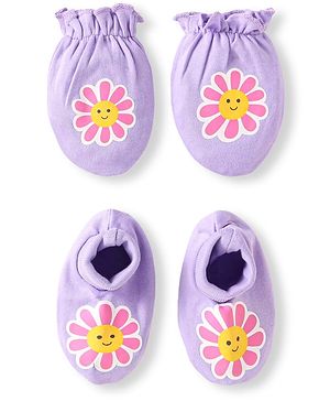 Babyhug 100% Cotton Knit Mittens & Booties With Floral Print - Lilac