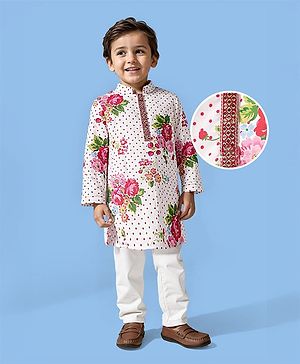 Babyhug Cotton Woven Full Sleeves Cambric Printed Kurta Pyjama Set  With Polka Dot & Floral Print - White & Pink