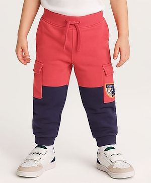 Babyhug Cotton Looper Knit Full Length Lounge Pant with Cut & Sew & Patch Applique - Red & Navy Blue