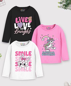 Trampoline Pack Of 3 Full Sleeves Smile & Magical Unicorn Text Printed Tees - Black Pink & White
