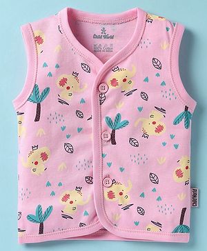 Child World Interlock Knit Sleeveless Front Open Jhabla with Jungle Theme Print - Pink