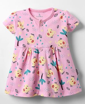 Child World Interlock Knit Half Sleeves Front Open Frock With Elephant Print - Pink