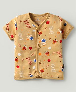 Child World Interlock Knit Half Sleeves Front Open Jhablas With Space Theme Print - Peach