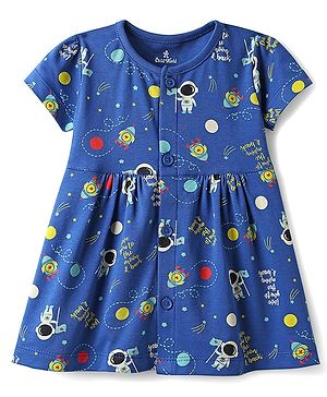 Child World Interlock Knit Half Sleeves Front Open Frock With Space Theme Print - Navy Blue
