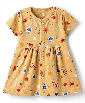 Child World Interlock Knit Half Sleeves Front Open Frock With Space Theme Print - Peach