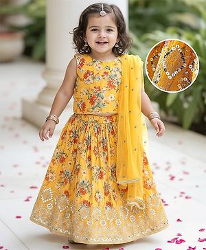 Babyhug Woven Sleeveless Choli Lehenga Set with Dupatta Set with Floral Print & Sequin Detailing - Mustard