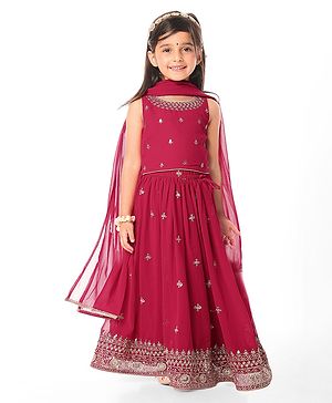 Babyhug Woven Sleeveless Embroidered Lehenga Choli Set with Dupatta & Floral Design & Lace Detailing - Dark Pink