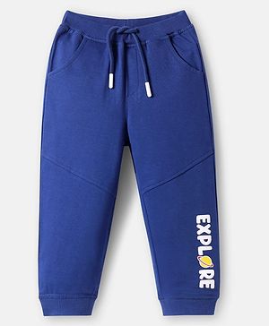 Babyhug Cotton Terry Full Length Jogger Fit Lounge Pant with Ribbed Waist & Pockets Explore Print - Navy