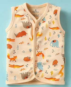 Child World Interlock Knit Front Open Sleeveless Jhablas With Animal Print - Peach