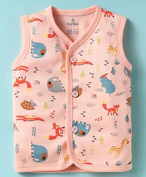 Child World Interlock Knit Front Open Sleeveless Jhablas With Animal Print - Pink