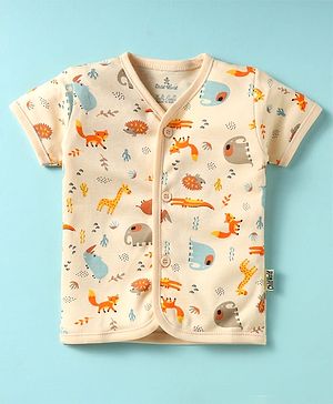 Child World Interlock Knit Half Sleeves Front Open Jhablas With Animal Print - Light Yellow