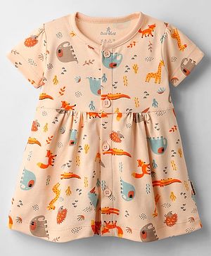 Child World Interlock Knit Half Sleeves Front Open Frock with Jungle Theme Print - Peach