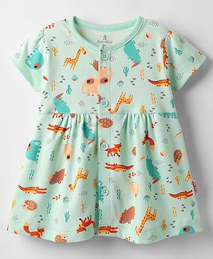 Child World Interlock Knit Half Sleeves Front Open Frock with Jungle Theme Print - Turquoise
