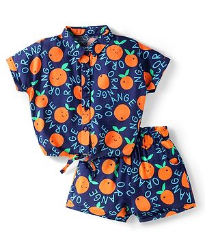 Babyhug Rayon Woven Half Sleeves Co-ords Top & Shorts Set with Orange Print - Navy Blue