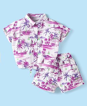 Babyhug 100% Cotton Woven Half Sleeves Co-ords Top & Shorts Set with Beach Theme Print - White