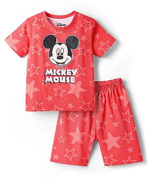 Babyhug Disney Single Jersey Knit Half Sleeves Shorts Night Suit with Mickey Mouse Graphics - Red