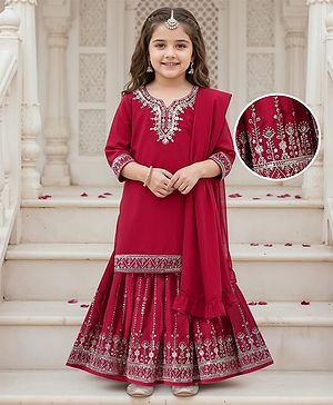 Babyhug Woven Three Fourth Sleeves   Long Choli With Lehenga And Dupatta Set with Floral Embroidery - Dark Pink