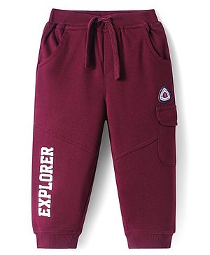 Babyhug Cotton Looper Knit Full Length Lounge Pant with Explorer Print - Maroon