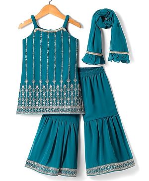 Babyhug Woven Sleeveless Georgette Embroidered Kurti Gharara with Dupatta - Teal Blue