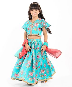 Babyhug Woven Half Frill Sleeves Floral Printed Choli Lehenga Set with Dupatta & Lace Detailing - Aqua Blue