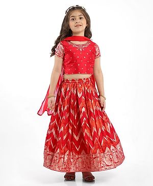 Babyhug Woven Half Sleeves Choli Lehenga Set With Foil Print & Dupatta - Red