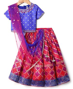 Babyhug Woven Half Sleeves Choli Lehenga & Dupatta Set Foil Print - Fuschia & Royal Blue