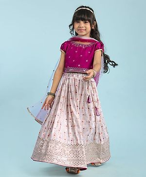 Babyhug Woven Puffed Sleeves Choli Lehenga & Dupatta Set Floral Foil Print - Off White