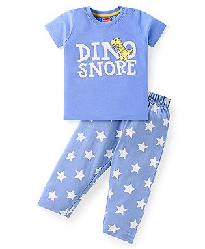 Babyhug Cotton Knit Half Sleeves Night Suit with Dino & Star Print - Light Blue