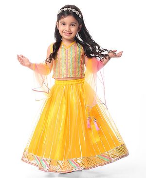 Babyhug Woven Sleeveless Choli Lehenga Set And Dupatta With Net Embroidery & Lace Detailing - Yellow