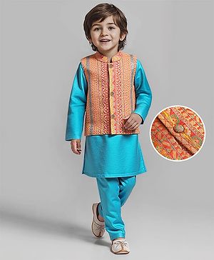 Babyhug Woven Full Length Foil Printed Kurta Pyjama Set With Brocade Jacket - Teal Blue